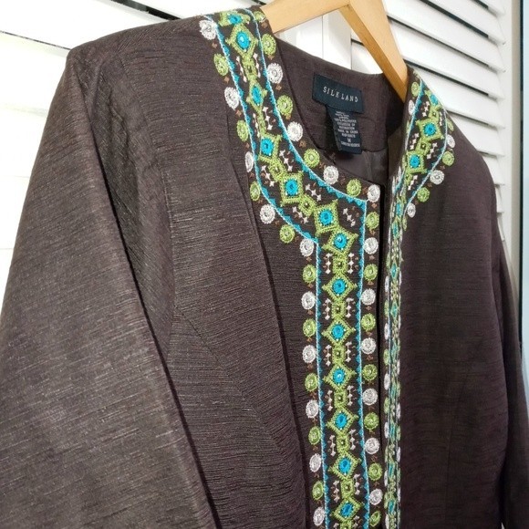 Silk Land Chocolate Brown Geometric design Embroidered Blazer/Jacket M - Picture 3 of 9